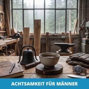 Eine hölzerne Werkbank in einer Werkstatt mit einem Notizbuch, einer Glocke, Tee, Handschuhen und einer Uhr; im Hintergrund sind Werkzeuge und Holz zu sehen. Der Text lautet "Achtsamkeit für Männer" - eine Anregung zur Achtsamkeit der Männer in ihrem Alltag.