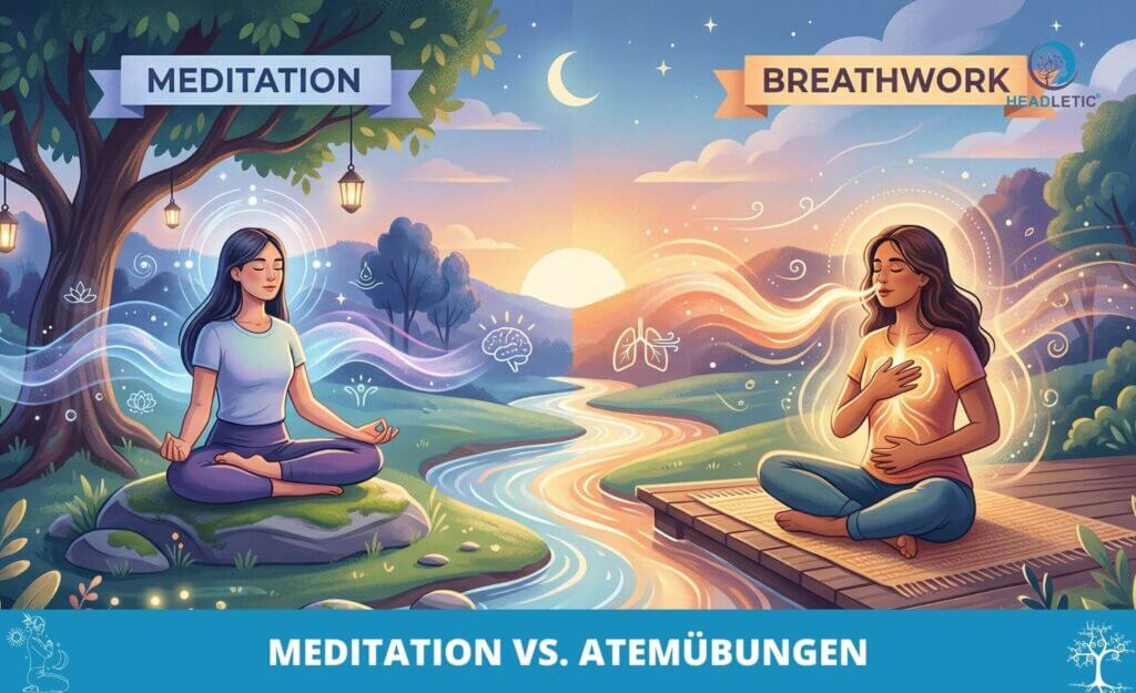 Zwei Frauen sitzen bei Sonnenuntergang im Freien an einem Bach, eine meditiert, die andere übt Atemübungen. Das Bild ist mit "Meditation vs. Atemübungen" beschriftet und veranschaulicht verschiedene Entspannungstechniken in der Natur.