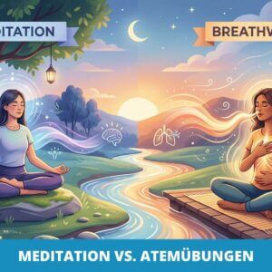 Zwei Frauen sitzen bei Sonnenuntergang im Freien an einem Bach, eine meditiert, die andere übt Atemübungen. Das Bild ist mit "Meditation vs. Atemübungen" beschriftet und veranschaulicht verschiedene Entspannungstechniken in der Natur.