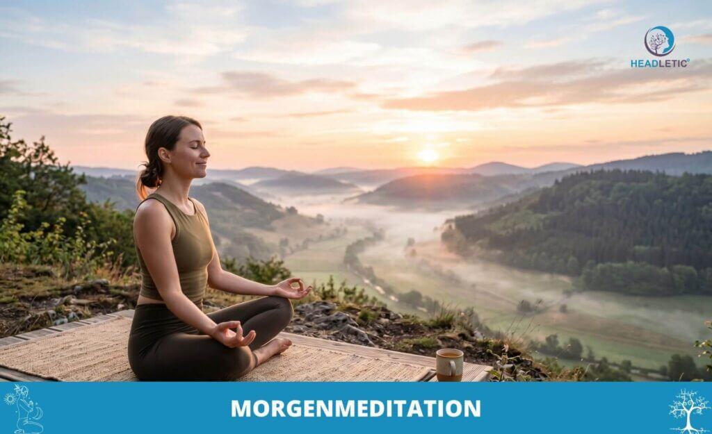 Eine Frau sitzt im Schneidersitz auf einer Matte und meditiert im Freien bei Sonnenaufgang mit Blick auf ein nebliges Tal und Hügel. Die Szene fängt die Essenz der Morgenmeditation wunderbar ein. Der Text lautet "MORGENMEDITATION.