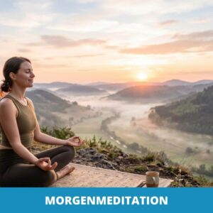 Eine Frau sitzt im Schneidersitz auf einer Matte und meditiert im Freien bei Sonnenaufgang mit Blick auf ein nebliges Tal und Hügel. Die Szene fängt die Essenz der Morgenmeditation wunderbar ein. Der Text lautet "MORGENMEDITATION.