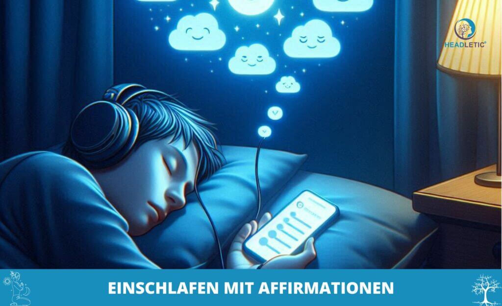 Eine Person schläft mit Kopfhörern im Bett, einem leuchtenden Mobiltelefon in der Hand und traumhaften Wolkensymbolen darüber. Der Text auf dem Bild lautet „Affirmationen einschlafen.