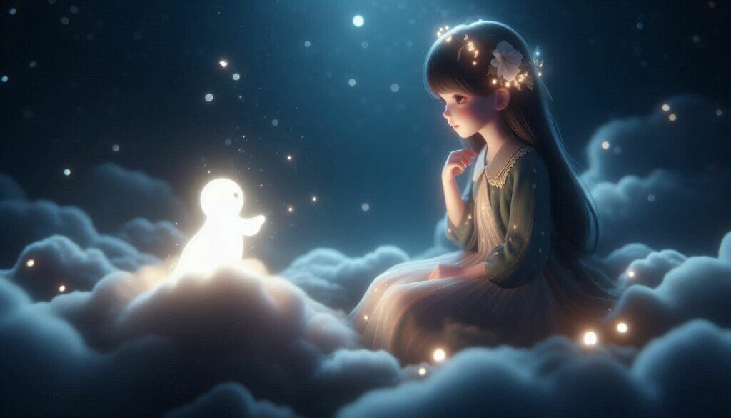 Ein Mädchen mit langen Haaren und Blumenschmuck sitzt in Wolken und blickt auf eine leuchtende, kleine Gestalt in einer verträumten, sternenklaren Nachtkulisse.