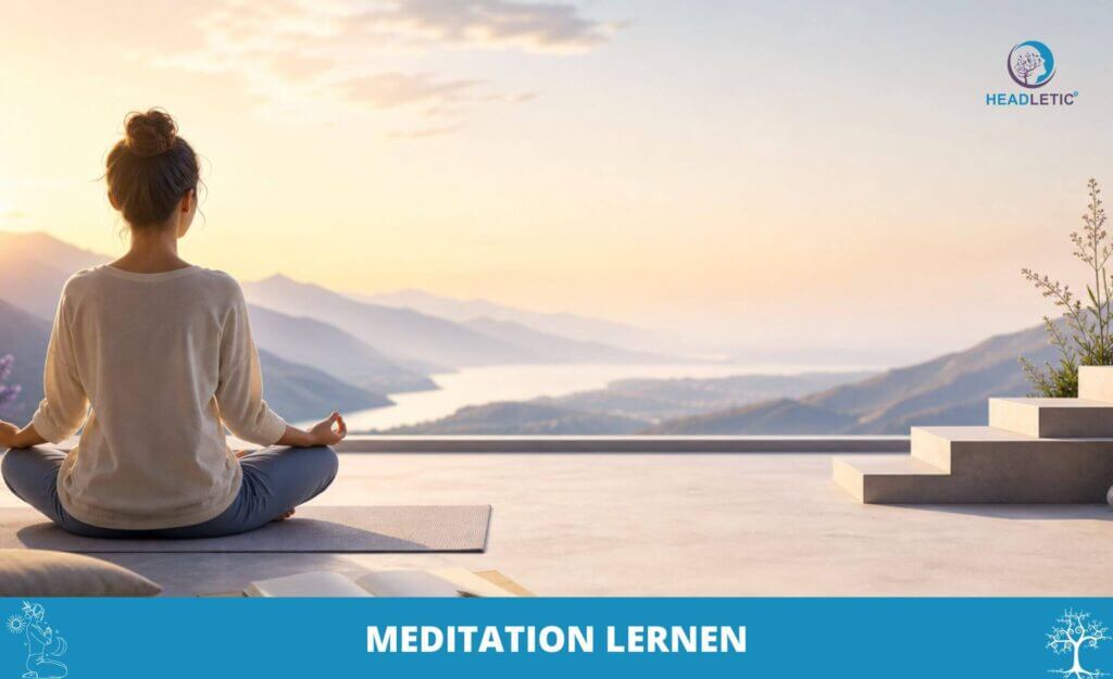 Eine Frau sitzt im Schneidersitz auf einer Terrasse mit Blick auf ein malerisches Flusstal bei Sonnenaufgang und meditiert. Der Text lautet „So funktioniert Meditation“, in der Ecke ist das Headletic-Logo zu sehen.