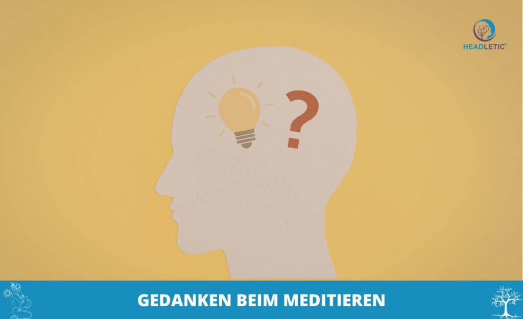 Die Silhouette eines Kopfes mit einer Glühbirne und einem Fragezeichen darin auf gelbem Hintergrund symbolisiert Gedanken beim Meditieren. Der Text darunter lautet: "GEDANKEN BEIM MEDITIEREN.