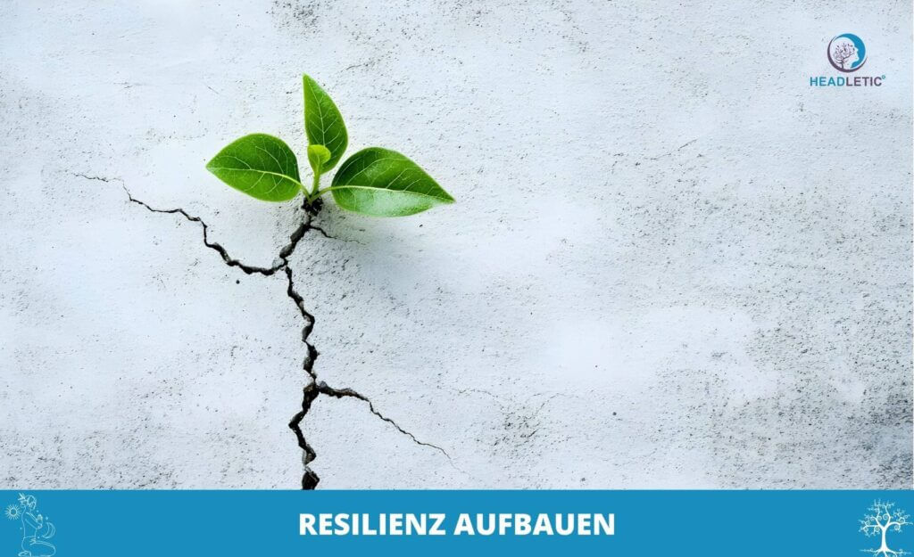 Eine kleine grüne Pflanze wächst aus einem Riss in einer Betonoberfläche und symbolisiert, wie man Resilienz aufbauen kann. Das Bild enthält das Headletic-Logo und den Text "RESILIENZ AUFBAUEN" auf einem blauen Banner am unteren Rand.