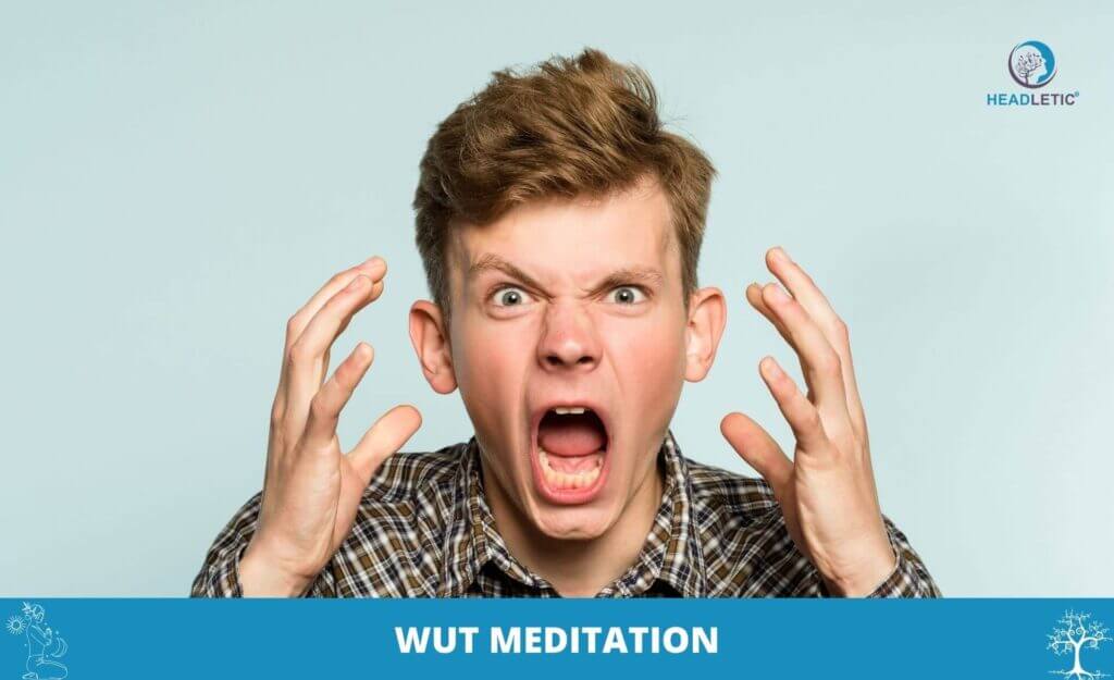 Ein junger Mann mit wütendem Gesichtsausdruck schreit mit erhobenen Händen neben dem Kopf; der Text "Wut Meditation" hebt eine Technik zur Kanalisierung von Wut hervor, daneben ist das Headletic-Logo zu sehen.